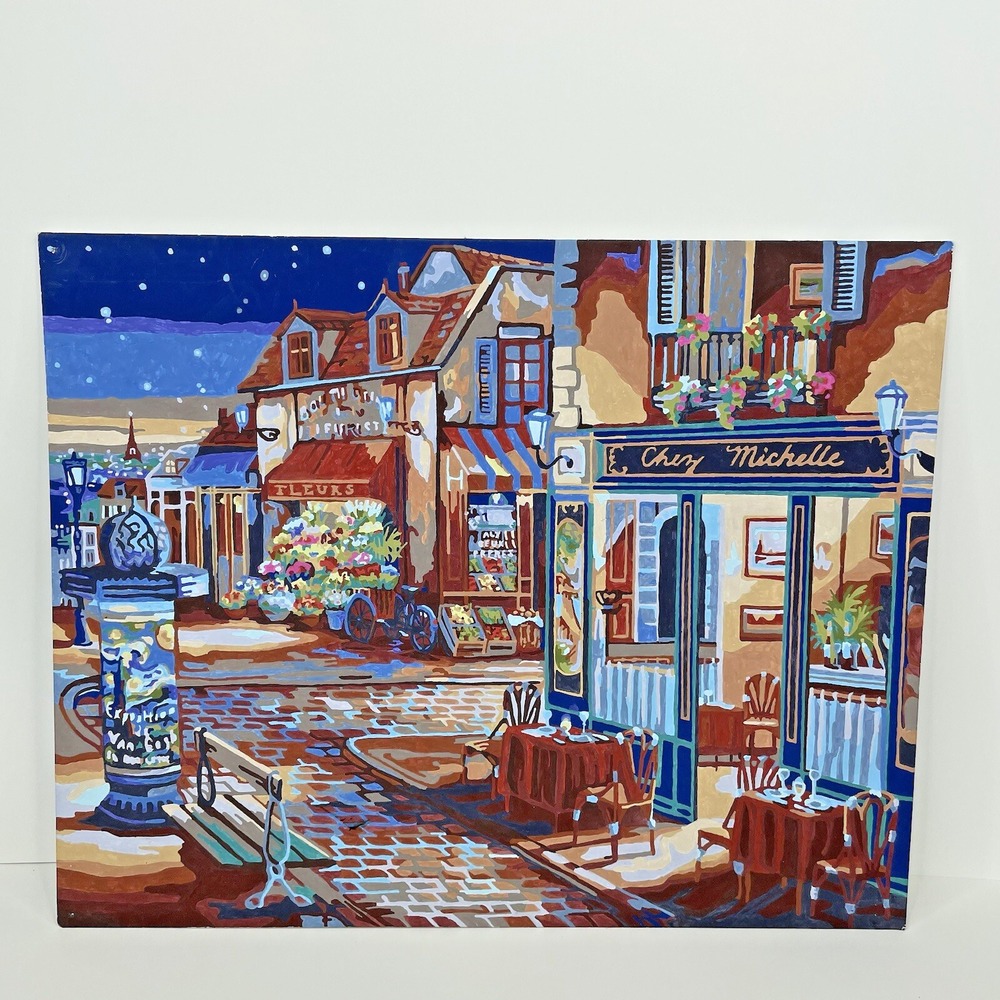 Completed Paint by Number Street Cafe Flower Stand Produce Stone Street at Night